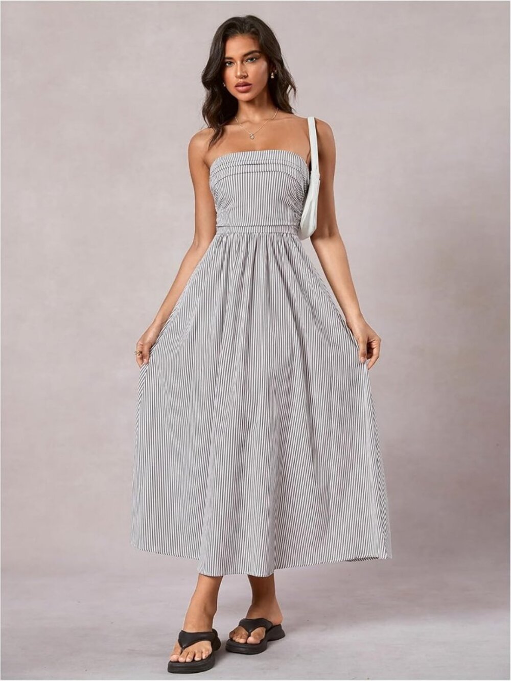 Striped Strapless Maxi Dress - Summer Casual Tube Top with Pockets, Perfect for - Picture 5 of 5